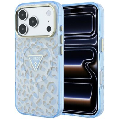 Etui GUESS IML Leopard Glitter Triangle Logo MagSafe do Apple iPhone 17 Pro/18 Pro Niebieski