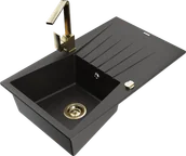 Zlewozmywaki z baterią - Mexen Cesar zlewozmywak granitowy 1-komorowy z ociekaczem i baterią kuchenną Rita, czarny/złoty metalik - 6514-75-670300-50 - miniaturka - grafika 1
