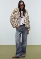 Kurtki damskie - Stradivarius Kurtka ze sztucznego futra w panterkę Ecru M - miniaturka - grafika 1