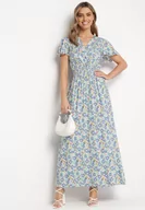 Sukienki - Biało-Niebieska Wiskozowa Sukienka Maxi w Kwiaty Rozkloszowana z Kopertowym Dekoltem Monilia - miniaturka - grafika 1