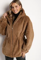 Płaszcze damskie - Brązowa Futrzana Kurtka z Kapturem i Ściągaczem w Talii Werirani - miniaturka - grafika 1