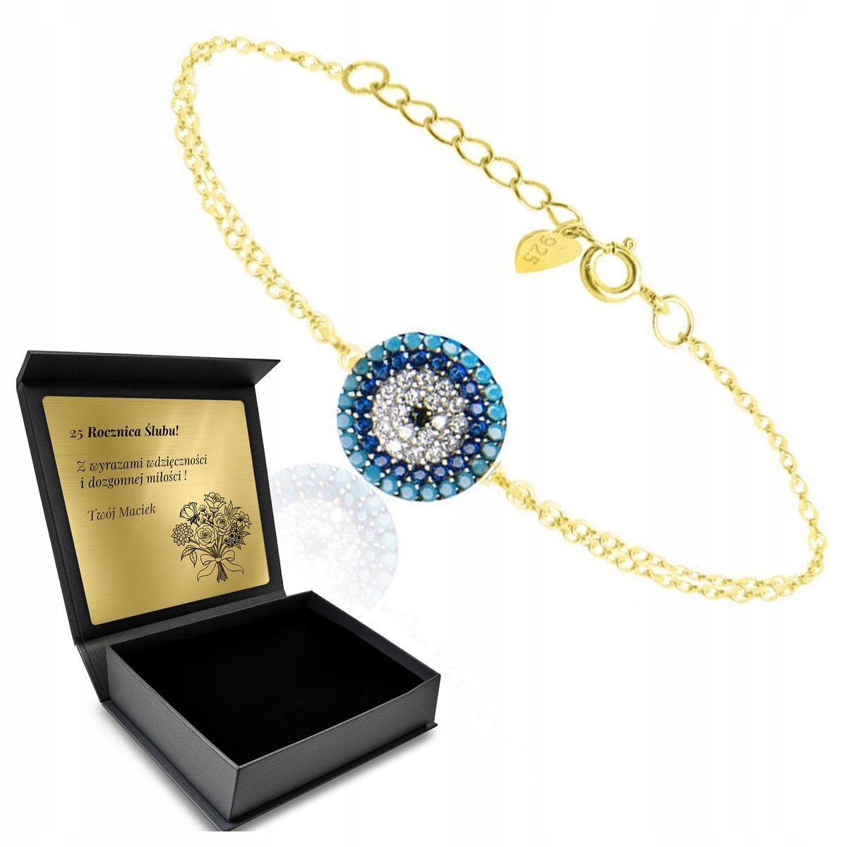 Bransoletka Srebrna Pozłacana Oko Proroka Turecki Talizman Grawer