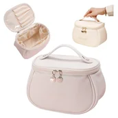 Kosmetyczki, organizery i kuferki - Kosmetyczka Damska Podróżna Skórzana Pojemna Na Kosmetyki Kuferek Kremowa - miniaturka - grafika 1