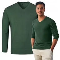 Swetry męskie - Elegancki SWETER Męski w Serek Bawełniany Gładki ZIELONY 2XL Pako Jeans - miniaturka - grafika 1