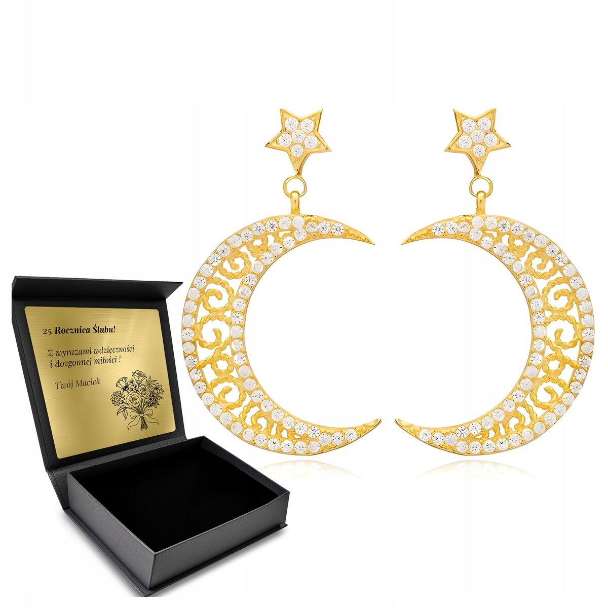 Kolczyki Pozłacane Srebrne Z Księżycem Cyrkonie Tureckie Orientalne Grawer