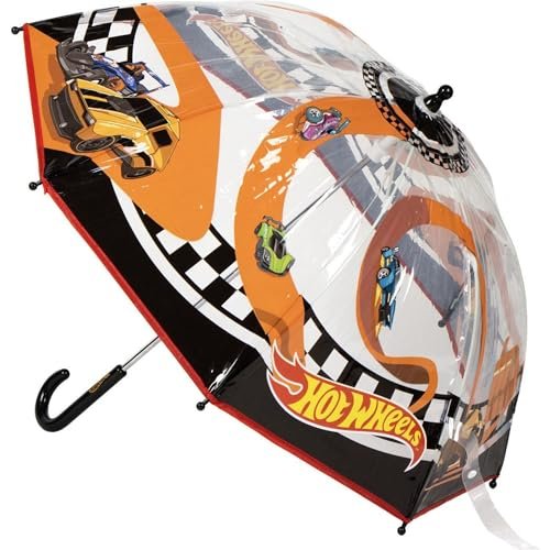 Parasol ręczny Poe Bubble Hot Wheels - Parasol dziecięcy z przezroczystą kopułą i samochodami wyścigowymi, bezpiecznym otwieraniem i wzmocnionymi prętami dla dzieci fanów prędkości, hot wheels, T45C