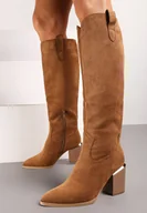 Kozaki damskie - Brązowe Kozaki na Obcasie w Stylu Kowbojek z Metaliczną Aplikacją Rianalla - miniaturka - grafika 1