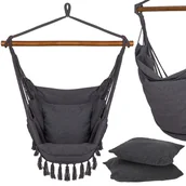 Fotele ogrodowe wiszące - Hamak brazylijski z poduszkami 130x100cm fotel wiszący z frędzlami szary HM045 - miniaturka - grafika 1