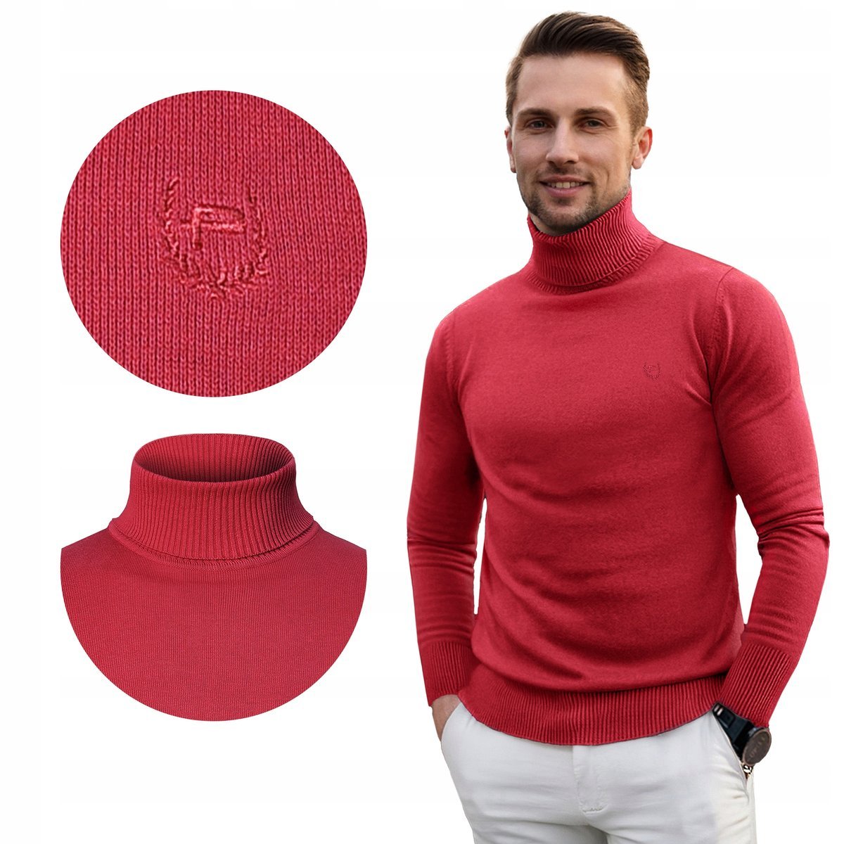 Klasyczny GOLF Sweter Męski Elegancki Bawełniany CZERWONY XL Pako Jeans