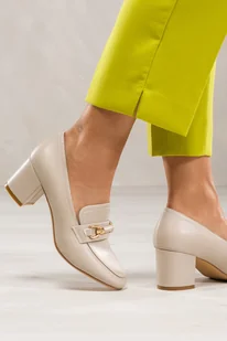 Beżowe mokasyny damskie Sergio Leone ze sprzączką na szerokim słupku skórzana wkładka PB146-CA - Mokasyny damskie - miniaturka - grafika 1