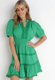 Zielona Rozkloszowana Sukienka Mini z Gumkami w Pasie z Koronkowymi Wstawkami Dalera - Sukienki - miniaturka - grafika 1
