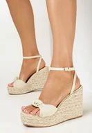 Sandały damskie - Beżowe Sandały na Koturnie z Juty i Kolorowej Nitki z Supełkiem z Przodu Turolia - miniaturka - grafika 1