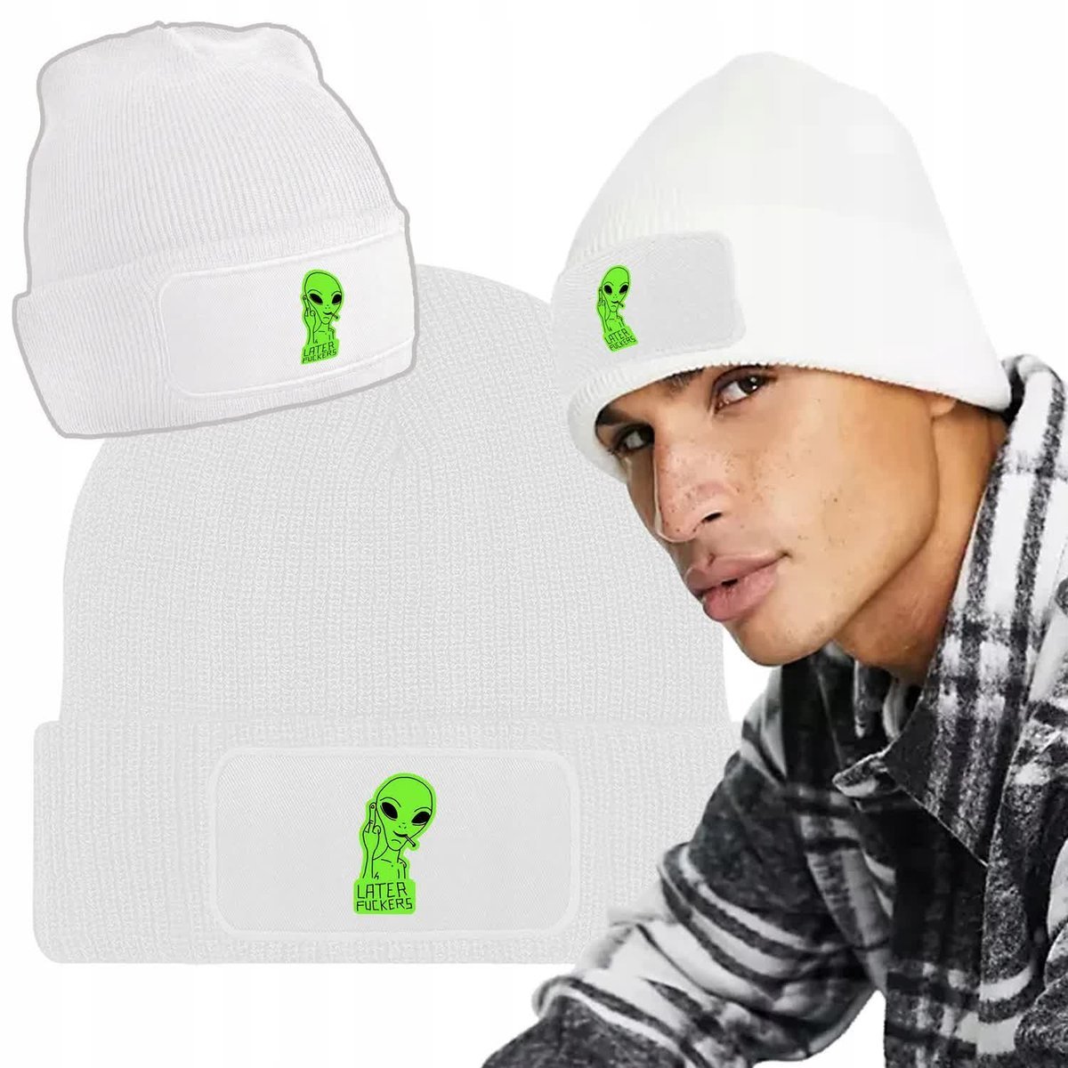 Zimowa Wygodna Czapka Biała ALIEN ZABAWNE Mix Wz