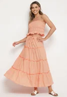 Komplety damskie - Pomarańczowy Bawełniany Komplet w Kratkę Vichy Spódnica i Top Frolira - miniaturka - grafika 1