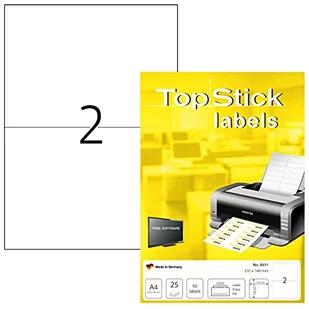 TopStick 8411 Uniwersalne etykiety DIN A4 duże (210 x 148 mm, 25 arkuszy, papier, matowe) samoprzylepne, do zadrukowania, naklejki adresowe na stałe, 50 etykiet samoprzylepnych, białe - Etykiety do drukarek - miniaturka - grafika 1
