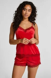 Hunkemöller Błyszczące welurowe szorty z koronką Czerwony - Bielizna nocna - miniaturka - grafika 1