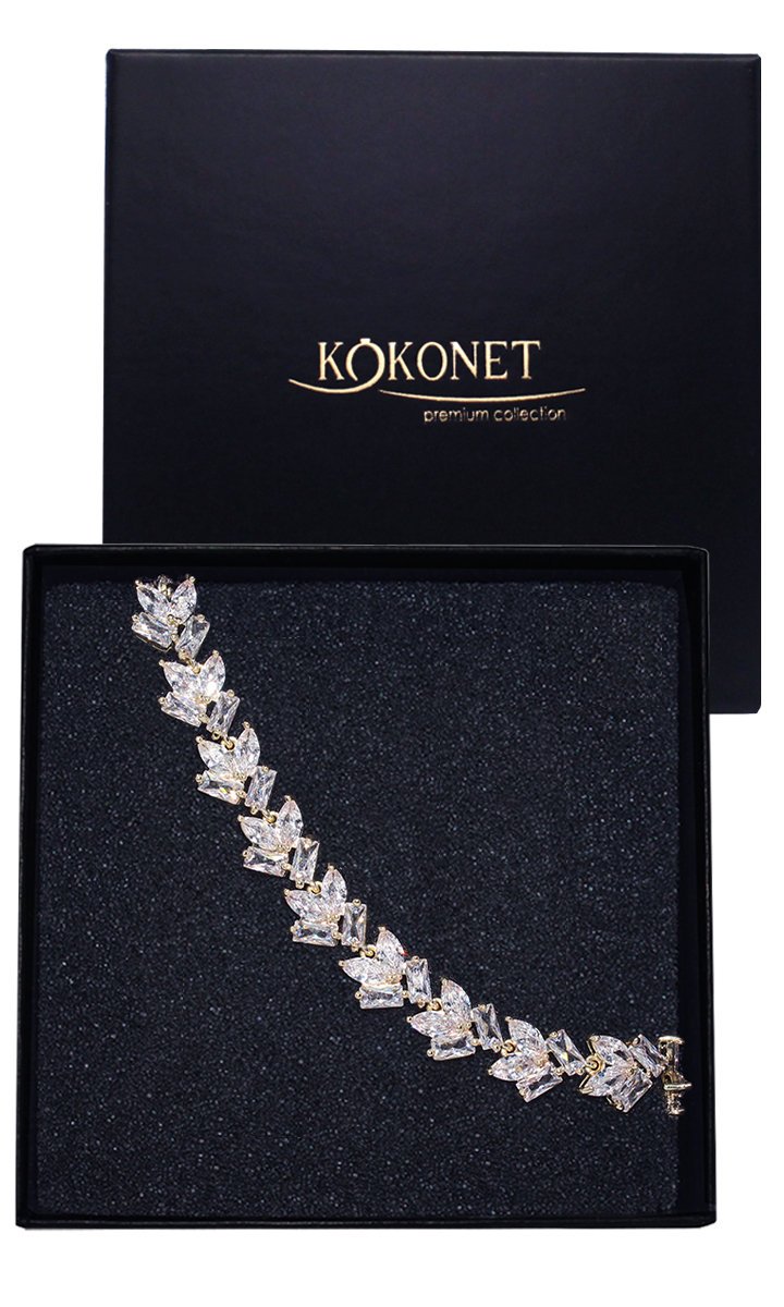 Bransoletka pozłacana z listkami okazała na ślub boho glam 18K cyrkonie ZŁOTA