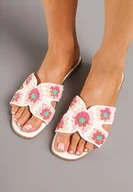 Klapki i japonki damskie - Biało-Różowe Klapki z Szydełkowym Zdobieniem w Kwiaty na Płaskiej Podeszwie Fenela - miniaturka - grafika 1