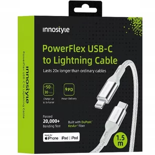 INNOSTYLE POWERFLEX KABEL USB-C LIGHTNING MFI SZYBKIEGO ŁADOWANIA DO IPHONE KEVLAR 2M SREBRNY - Kable USB - miniaturka - grafika 1