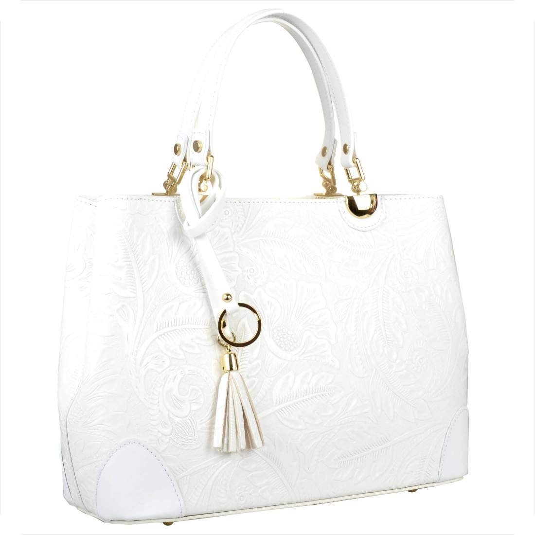 Skórzana torebka shopper biała tłoczone kwiaty