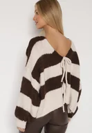 Swetry damskie - Brązowy Wiązany Kardigan Oversize w Paski z Dodatkiem Wełny i Wiskozy Retire - miniaturka - grafika 1