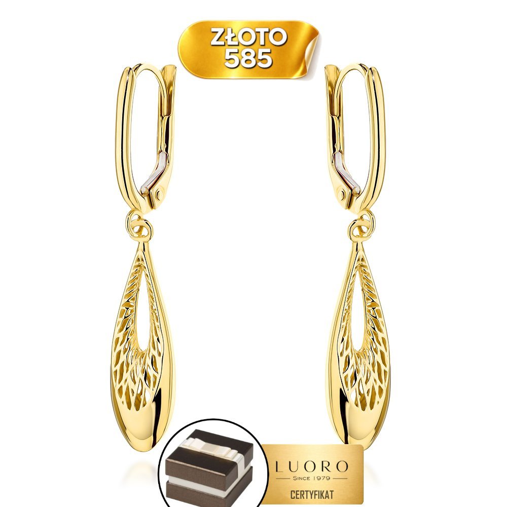 KOLCZYKI ZŁOTE 585 14K ŁEZKI AŻUROWE WISZĄCE 3,7 CM ELEGANCKIE