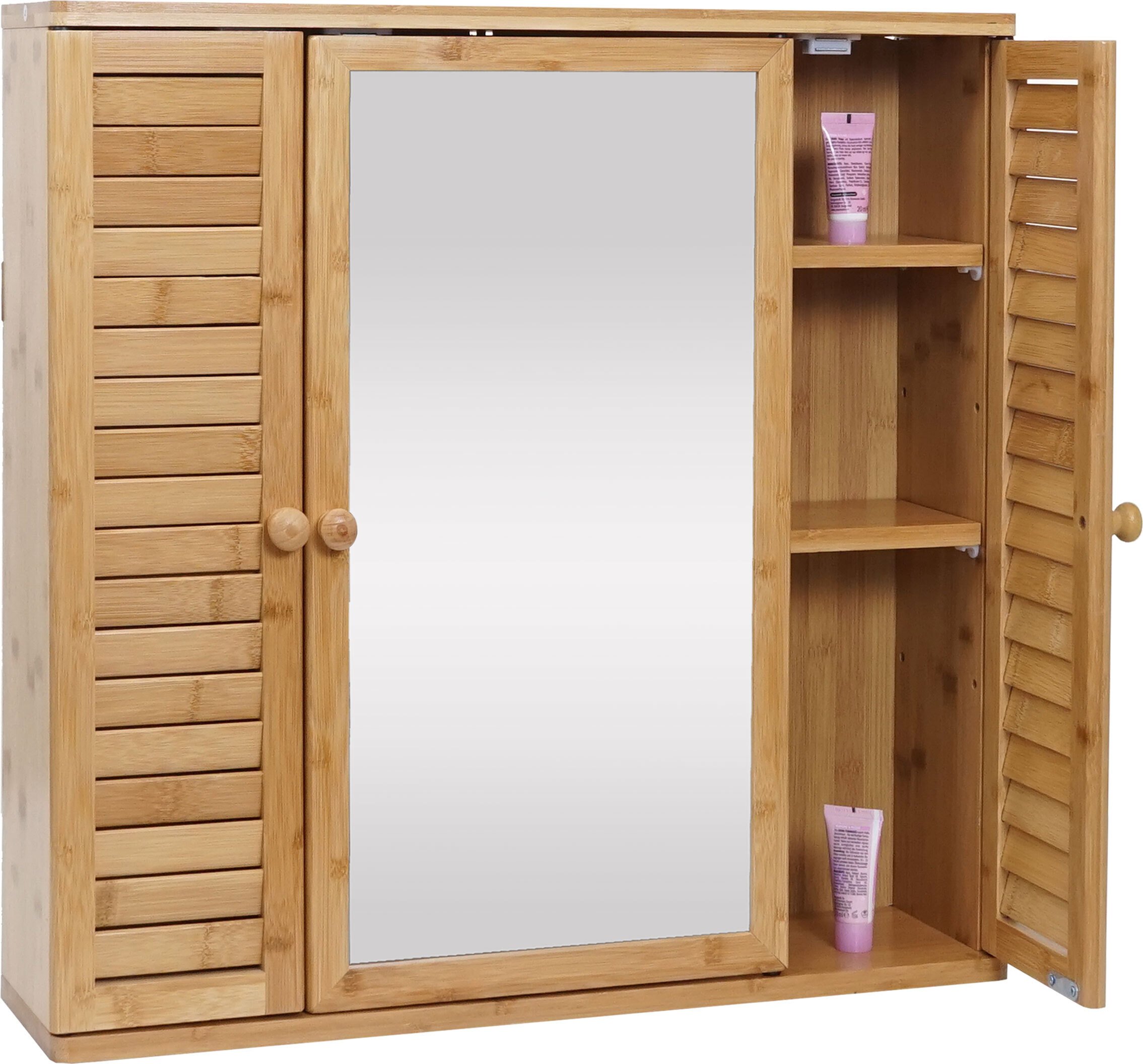 Szafka z lustrem HWC-B18, szafka łazienkowa z lustrem, 3 półki, 3 drzwi, lustro bambusowe 60x60x15cm