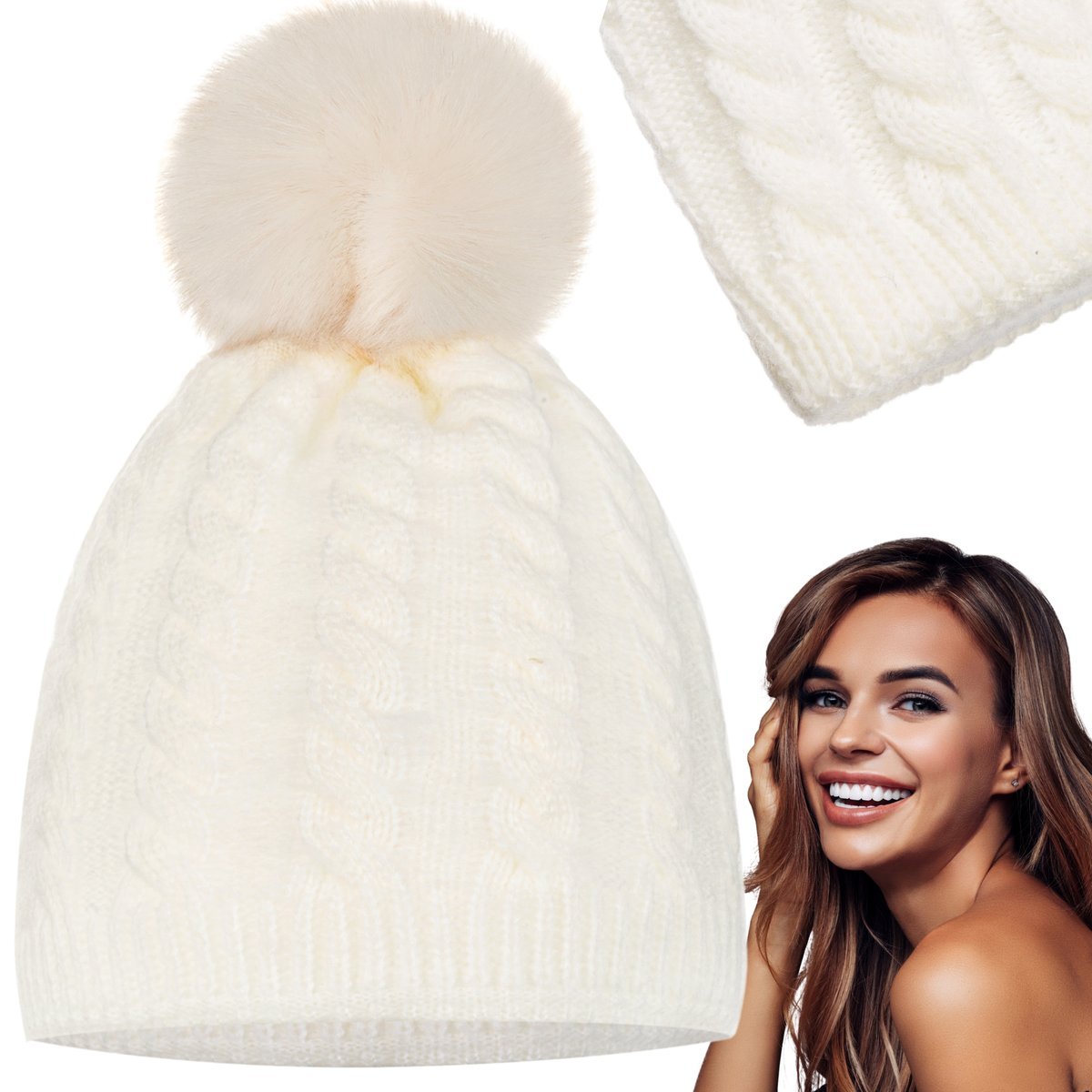 Czapka Damska Zimowa Kobieca Beanie Jesienna Zimowa Majka Beż Beżowa Ecru