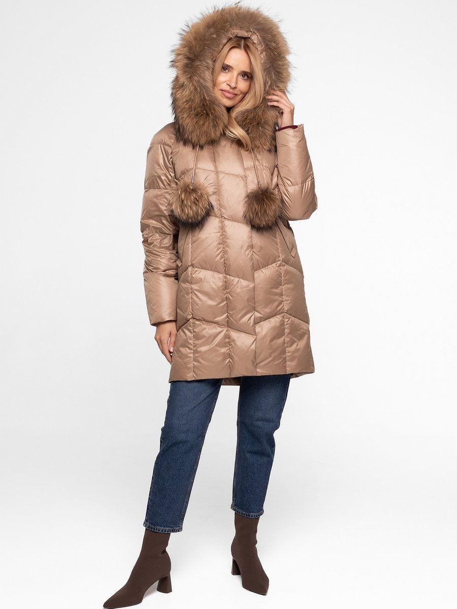 PIKOWANA OCIEPLANA KURTKA DAMSKA Z FUTREM JENOTA I POMPONAMI