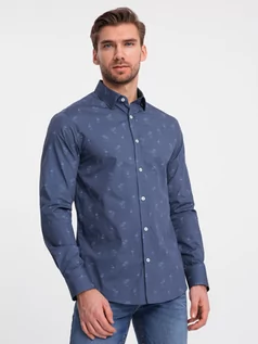 Koszule męskie - Klasyczna męska bawełniana koszula SLIM FIT w palmy - ciemnoniebieska V5 OM-SHCS-0156 - grafika 1