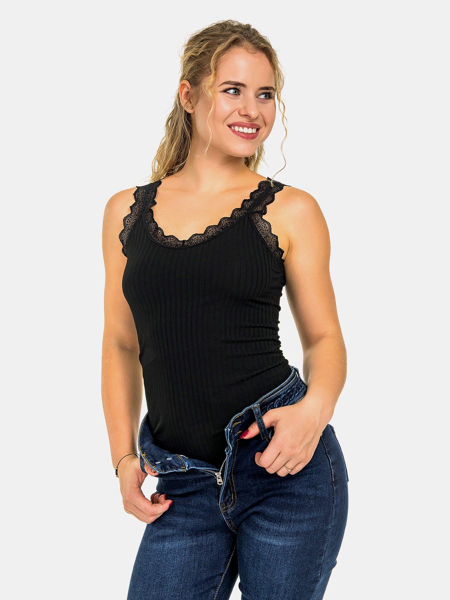 Top prążkowany z koronką czarny S