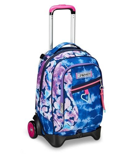 Seven Wózek szkolny Jack 2 koła, fioletowy fuksja, niestandardowa chmura, 3 w 1, potrójne zastosowanie, plecak z odpinanym wózkiem, kieszenią na butelkę i system crossover, plecak szkolny podróżny,