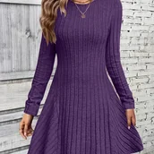 Sukienki - TEMU Elastyczna Mini Sukienka z Długim Rękawem - Dopasowany Top i Rozkloszowana Spódnica, Jednokolorowa, Pranie Maszynowe, Uniwersalna na Każdą Porę - miniaturka - grafika 1