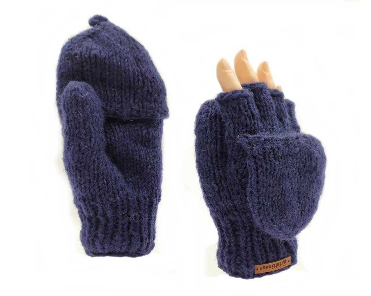 Feltiness, Rękawiczki wełniane z klapką Granat, 100% wełna owcza