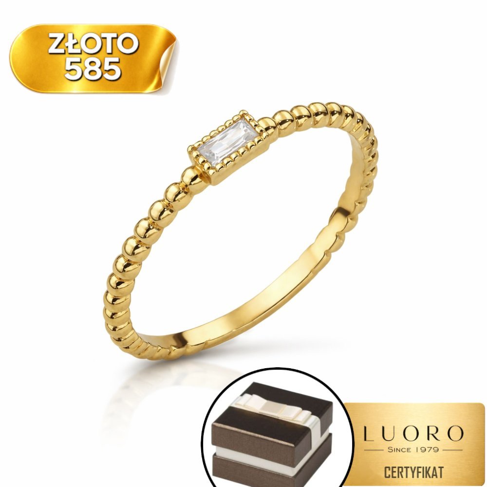 Pierścionek złoty 585 14K kuleczki prostokąt z białym kamieniem R16
