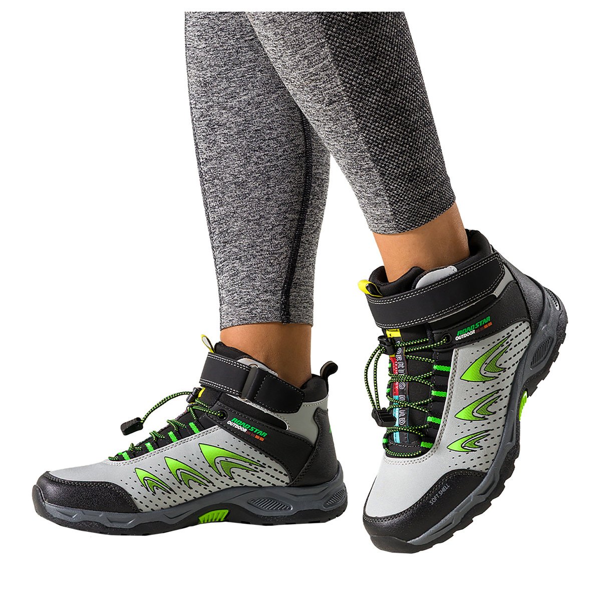 Jasnoszare buty trekkingowe damskie na bieżnikowanej podeszwie z regulowaną elastyczną sznurówką seledynowe wstawki softshell Casu 7689-7D-38