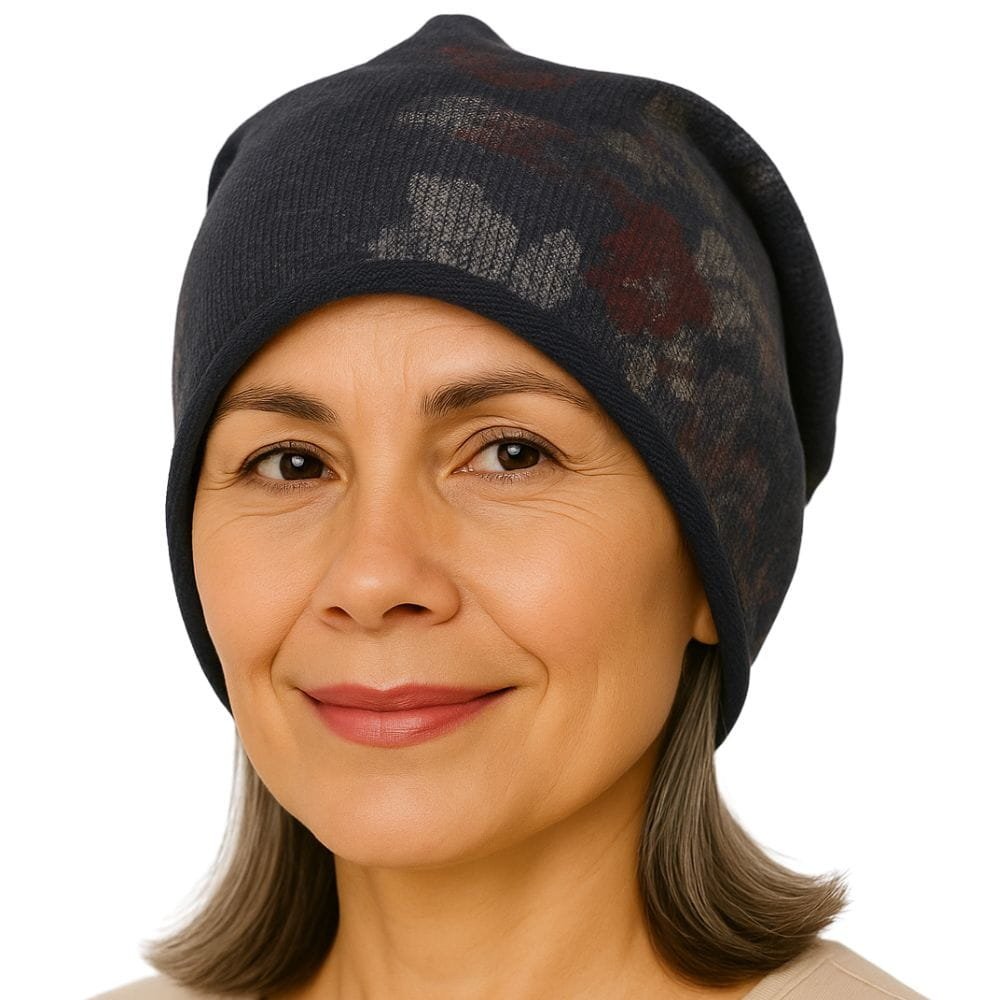 Czapka Damska Beanie Włoska Cienka Smerfetka Granatowa Kwiatowa