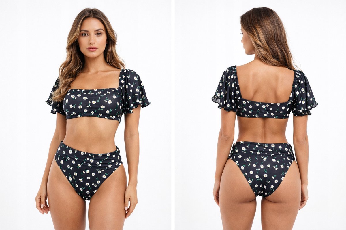 BIKINI DAMSKIE WYSOKI STAN KWIATY STRÓJ KĄPIELOWY Z RĘKAWKIEM HIT