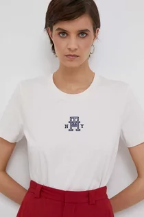 Koszulki sportowe damskie - Tommy Hilfiger t-shirt bawełniany kolor beżowy - grafika 1