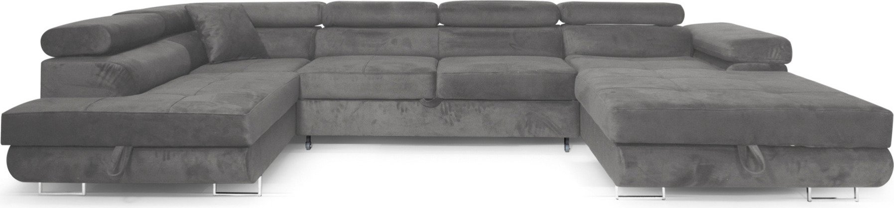 Sofa narożna Aller U XXL z funkcją spania i dwiema szufladami na pościel w kolorze szarym, lewa strona