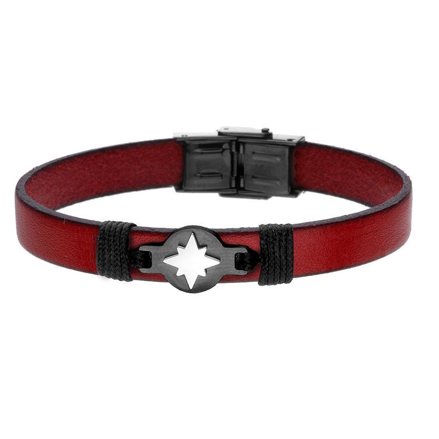 Bransoletka męska skórzana z czarną różą wiatrów z czerwonej skóry.