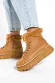 Botki damskie - Camelowe botki sneakersy damskie z futerkiem sznurowane Casu 8237-2-38 - miniaturka - grafika 1