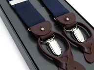 Paski - Granatowe szelki do spodni na guziki z brązową skórą G70 - miniaturka - grafika 1