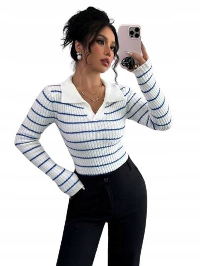 SHEIN SWETER DAMSKI BIAŁY W PASKI NA CO DZIEŃ 38 ŁYE