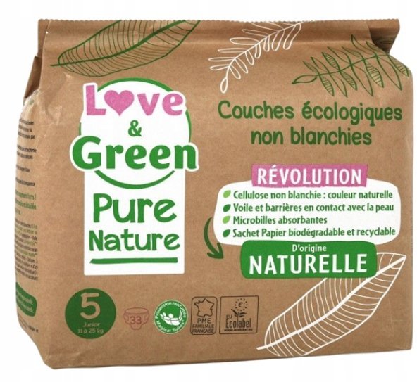 Pieluszki wygodne chłonne Love&Green pure nature Rozmiar 5 11-25 kg 33 szt