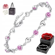 Bransoletki - Elegancka Bransoletka Srebrna Damska Różowa Serce z Cyrkoniami WŁOSKA RÓŻA - miniaturka - grafika 1