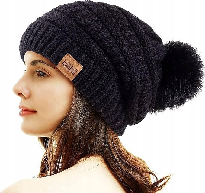REDESS czapka zimowa beanie z pomponem, kolor czarny, rozmiar uniwersalny