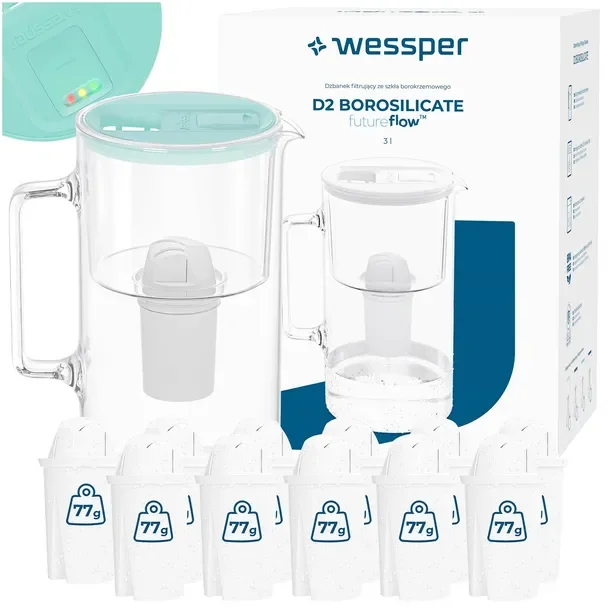 Dzbanek filtrujący szklany Wessper D2 BOROSILICATE FF 3l miętowy +12x filtr