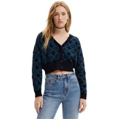 Swetry damskie - Sweter damski Desigual Hera kardigan rozpinany we wzory krótki czarny-XL - miniaturka - grafika 1