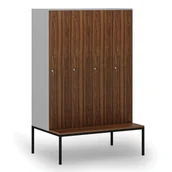 Szafy biurowe - Drewniana szafa ubraniowa z ławką, 4-drzwiowa, 1871 x 1200 x 500/800 mm, zamek cylindryczny, szary/orzech - miniaturka - grafika 1